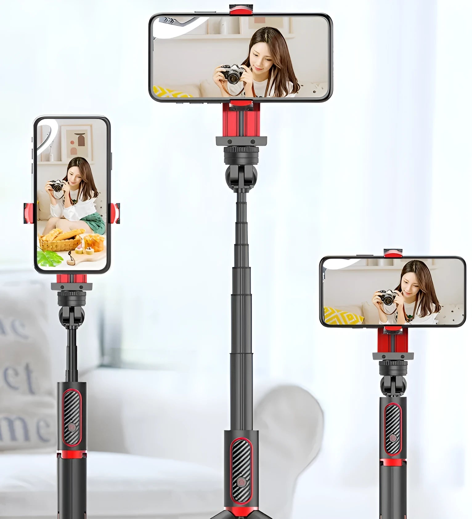 Black aluminium video stabiliser tripod extended to full height with an iPhone securely clamped.