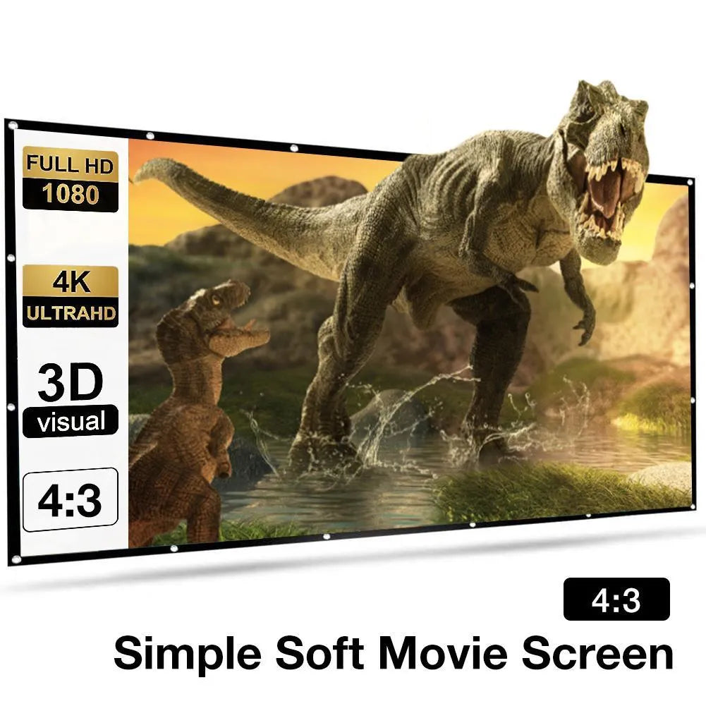 White polyester folding projection screen showing 150-inch measurement and 4:3 aspect ratio