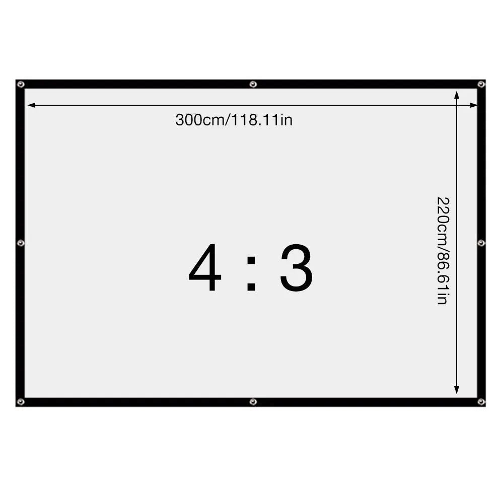 White polyester folding projection screen showing 150-inch measurement and 4:3 aspect ratio