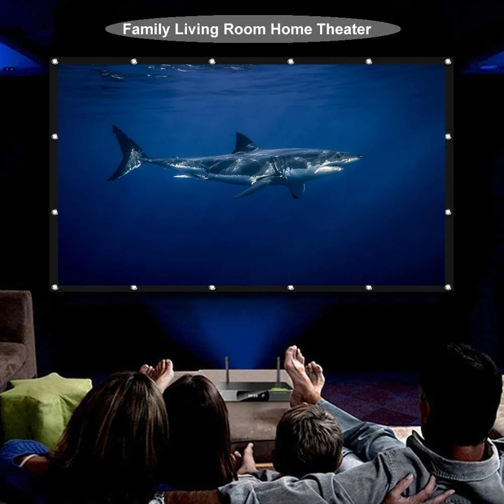 White polyester folding projection screen showing 150-inch measurement and 4:3 aspect ratio