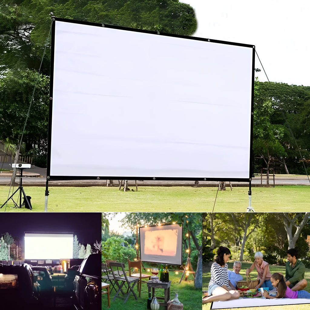 White polyester folding projection screen showing 150-inch measurement and 4:3 aspect ratio