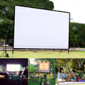 White polyester folding projection screen showing 150-inch measurement and 4:3 aspect ratio