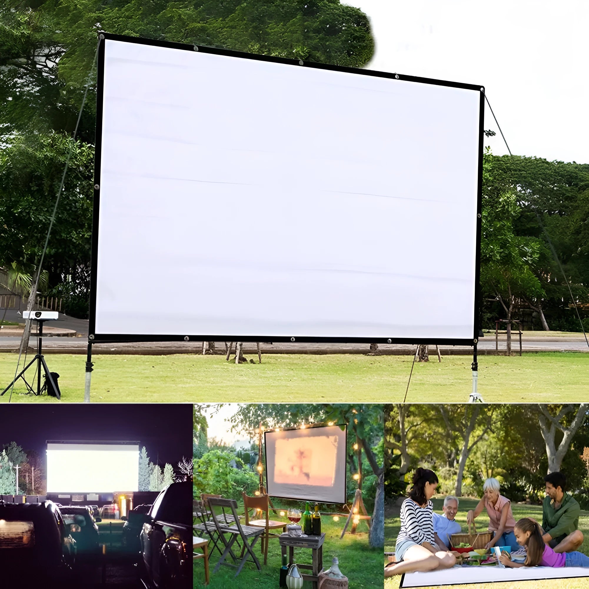 White polyester folding projection screen showing 150-inch measurement and 4:3 aspect ratio