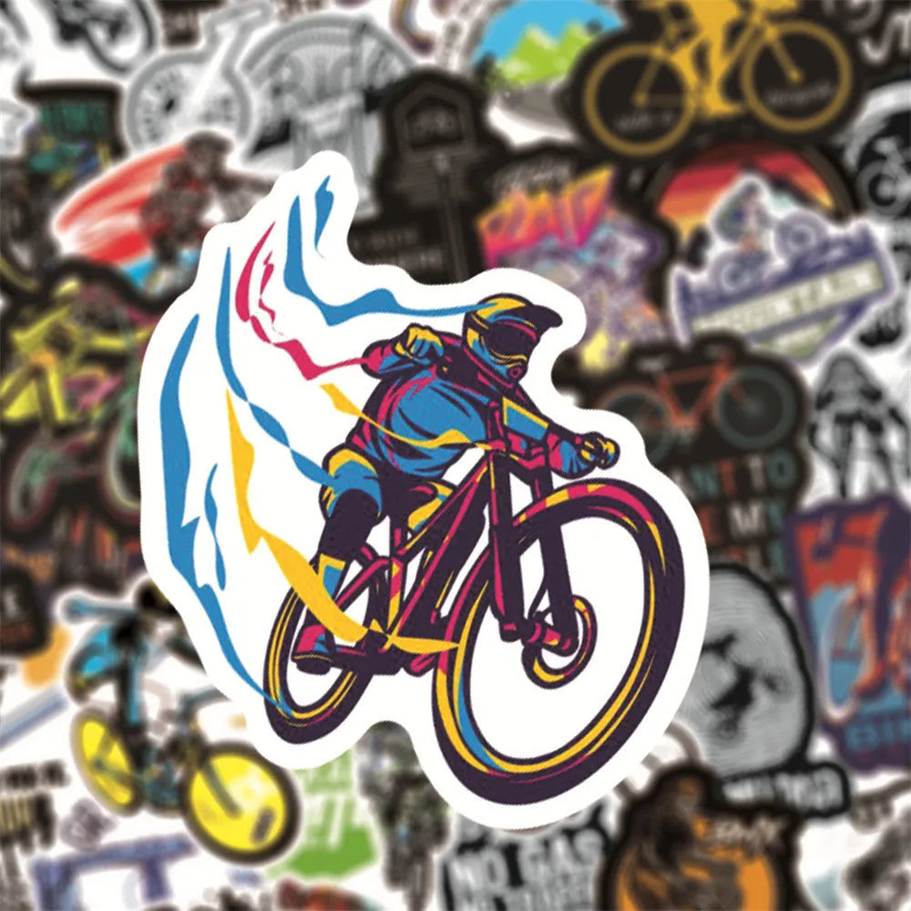 Bicycle doodle stickers sheet showing mountain bike and cycling designs with strong adhesive backing