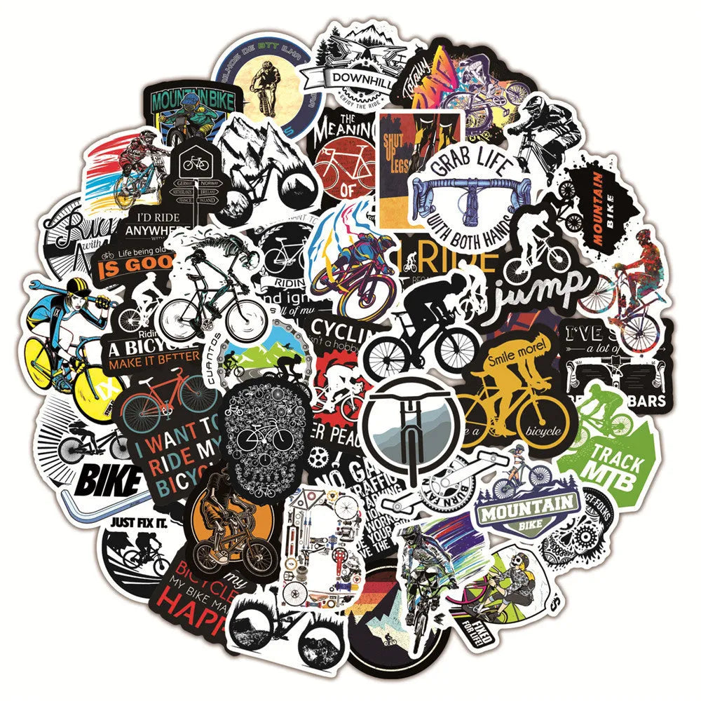Bicycle doodle stickers sheet showing mountain bike and cycling designs with strong adhesive backing