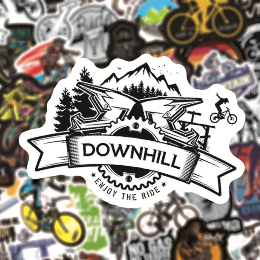 Bicycle doodle stickers sheet showing mountain bike and cycling designs with strong adhesive backing