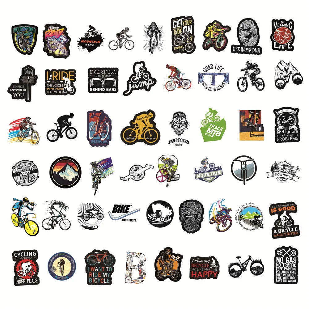 Bicycle doodle stickers sheet showing mountain bike and cycling designs with strong adhesive backing