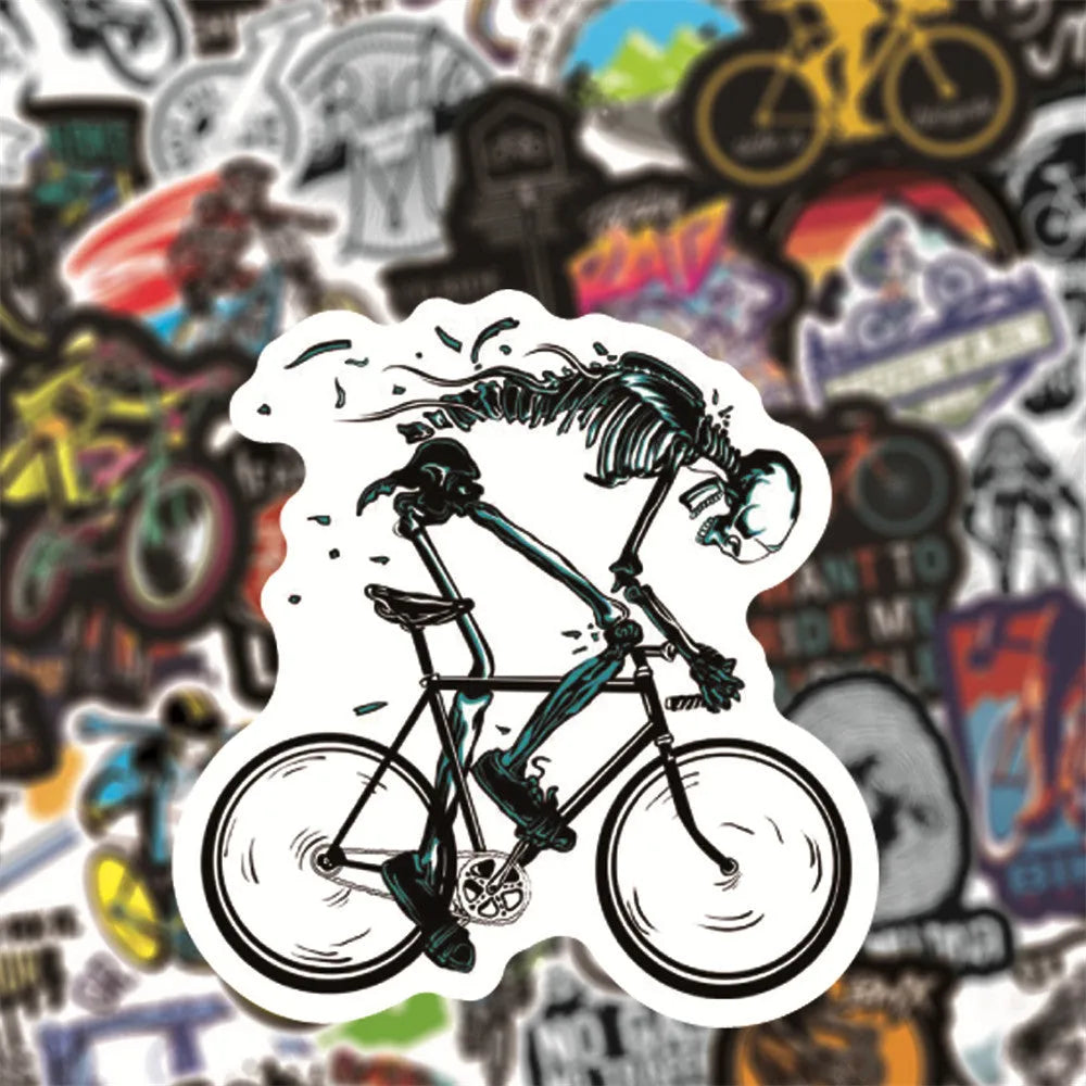 Bicycle doodle stickers sheet showing mountain bike and cycling designs with strong adhesive backing