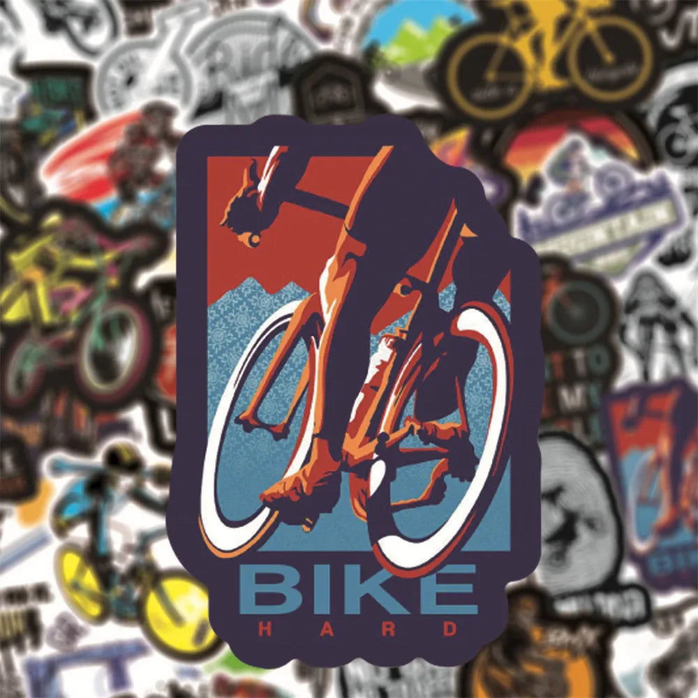 Bicycle doodle stickers sheet showing mountain bike and cycling designs with strong adhesive backing
