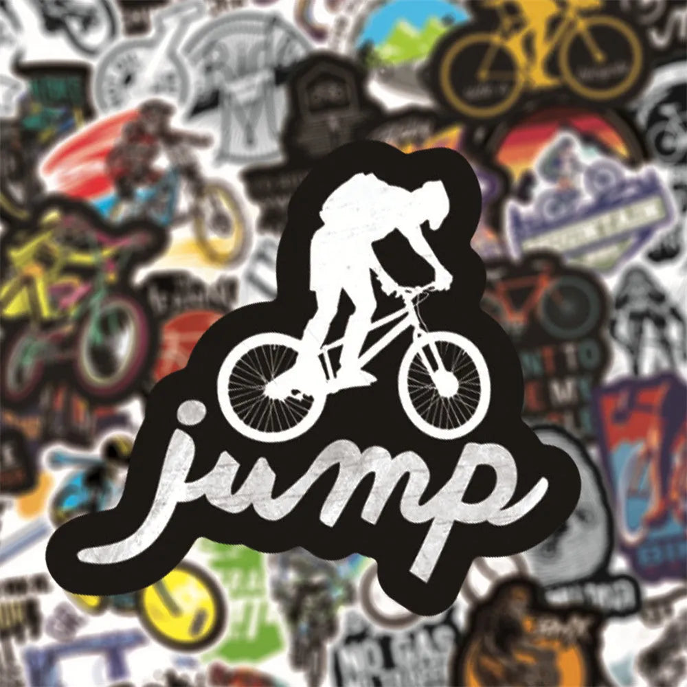 Bicycle doodle stickers sheet showing mountain bike and cycling designs with strong adhesive backing