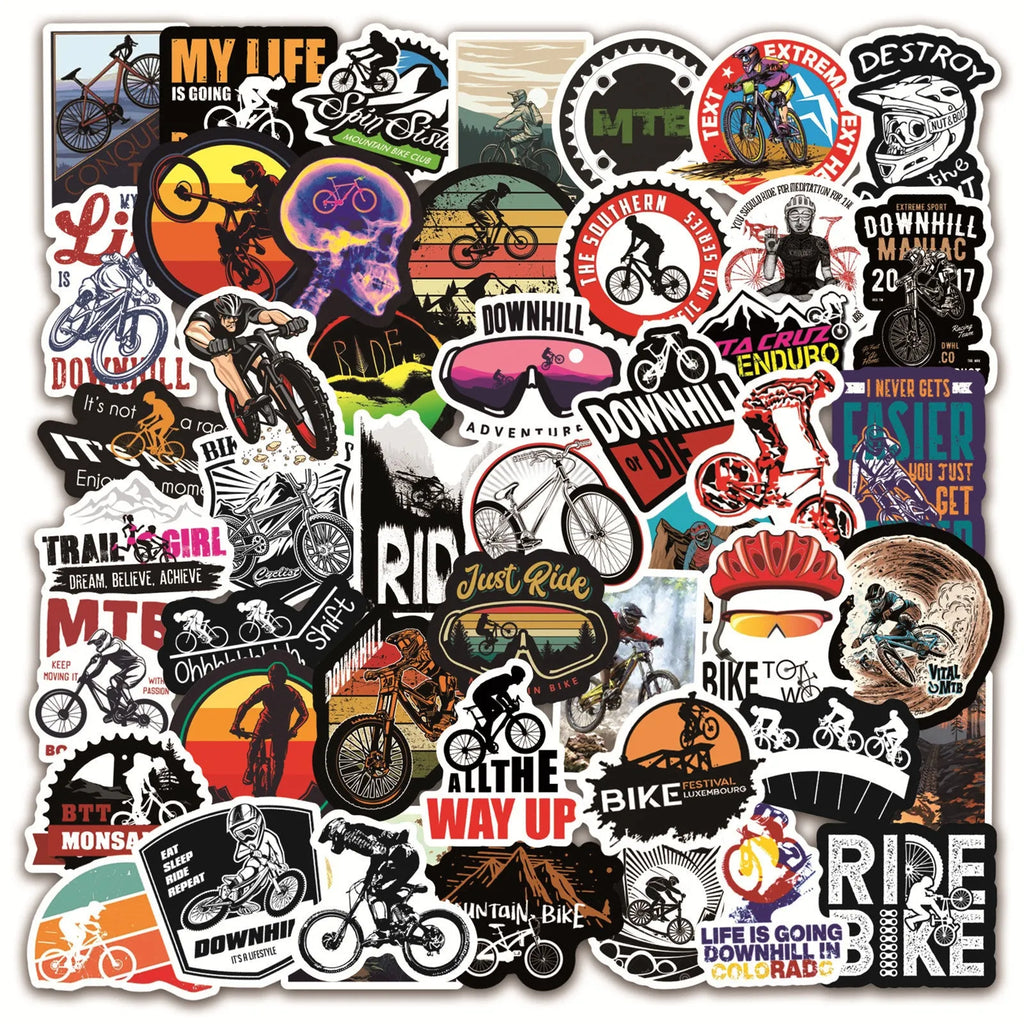 Bicycle doodle stickers sheet showing mountain bike and cycling designs with strong adhesive backing