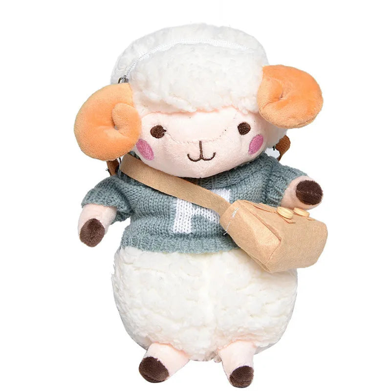 Small blue plush crossbody bag with square design, zip opening, and lamb pattern