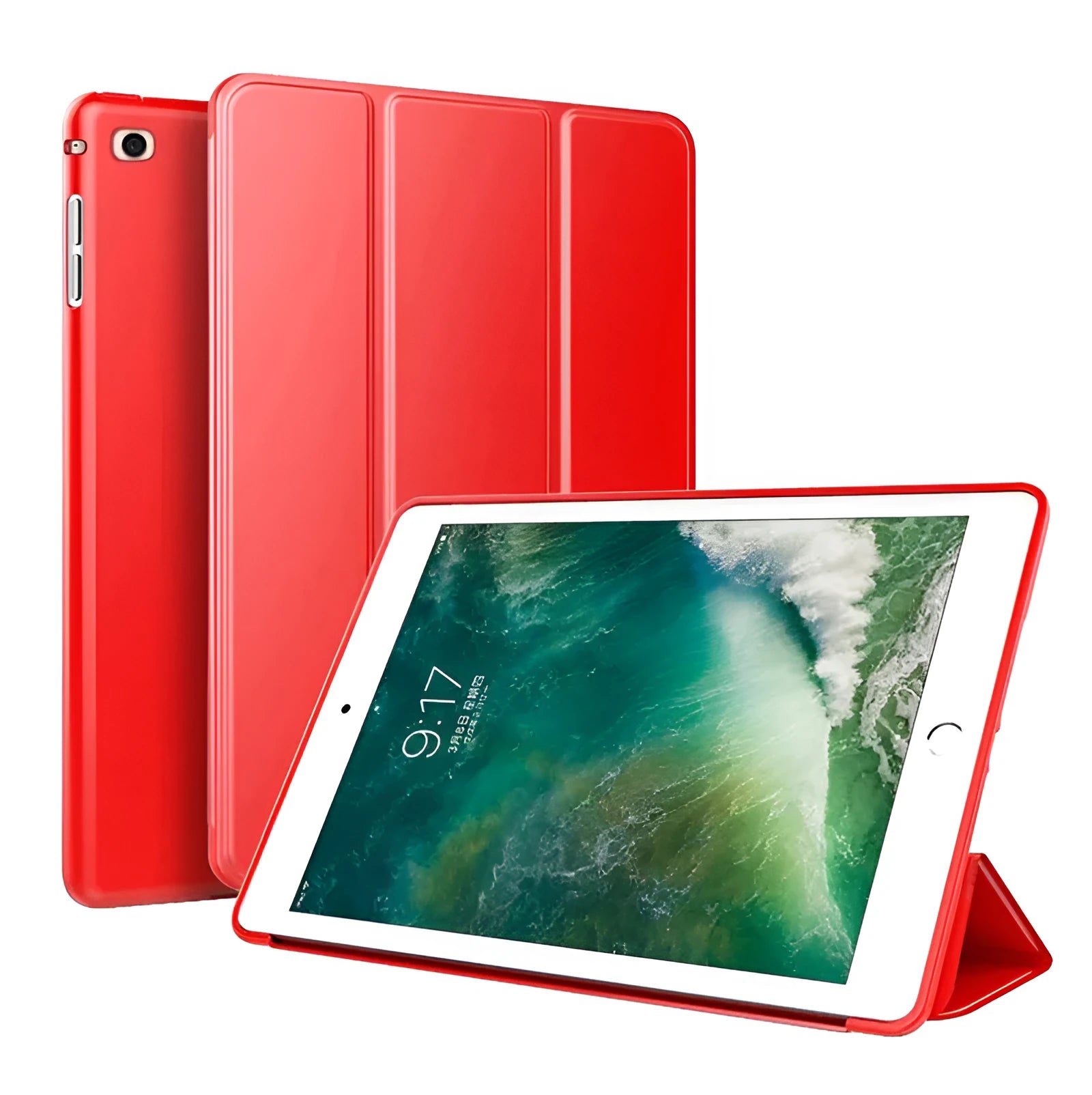 Black TPU silicone clamshell protective case for 9.7-inch iPad models shown open and closed