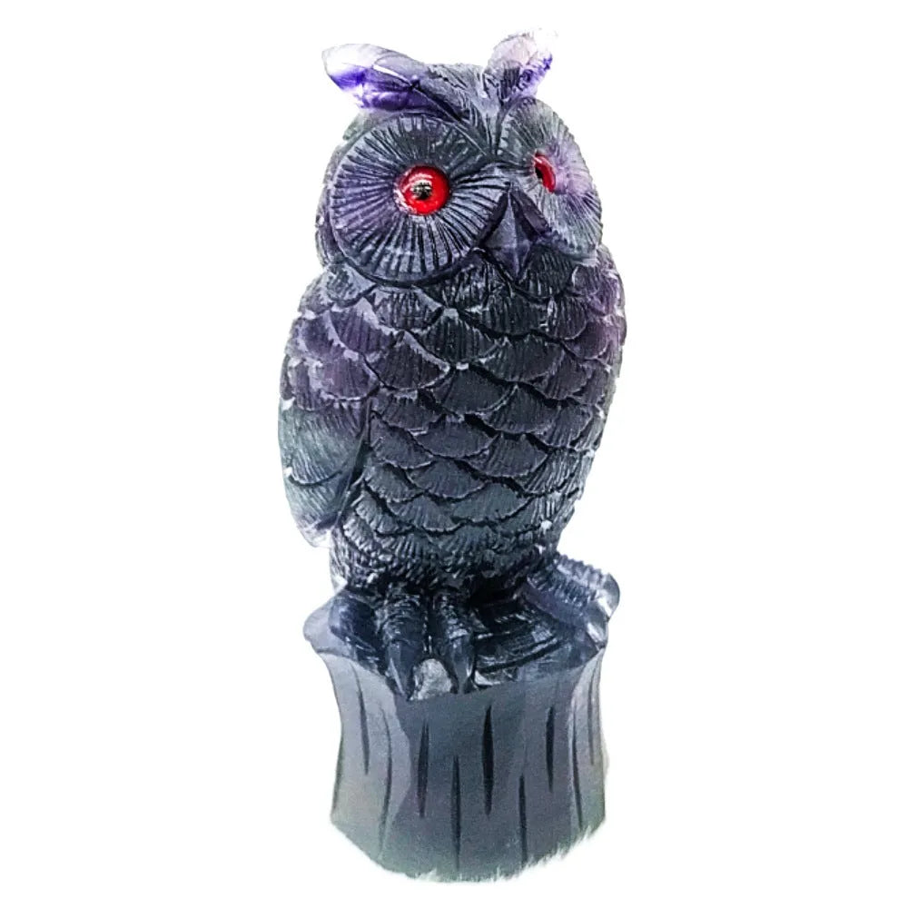 Purple fluorite hand carved owl ornament with natural stone texture and colour variations