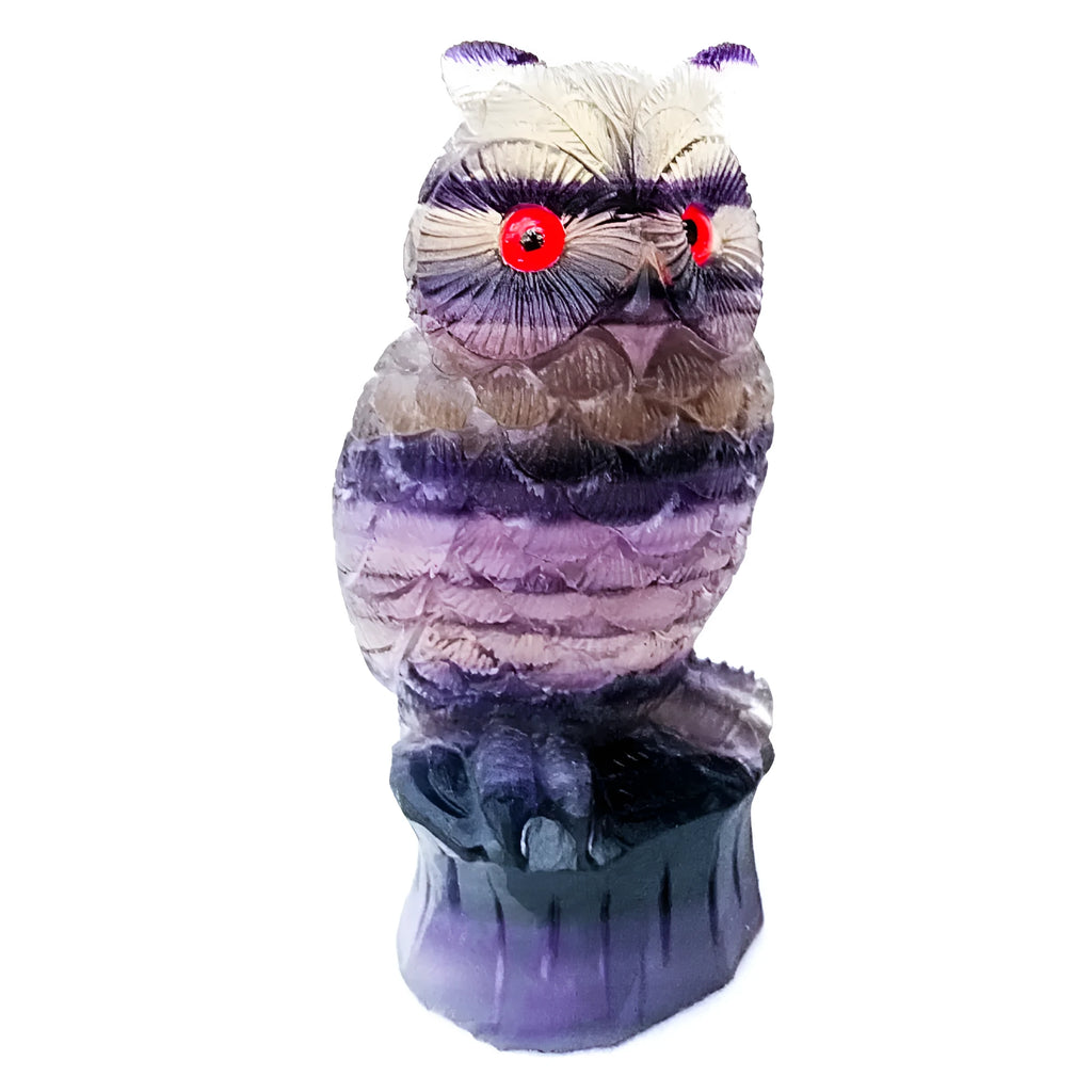 Purple fluorite hand carved owl ornament with natural stone texture and colour variations