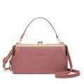 Horizontal square Korean ladies messenger mini clutch in soft PU leather with card slot, shown in lilac colour.