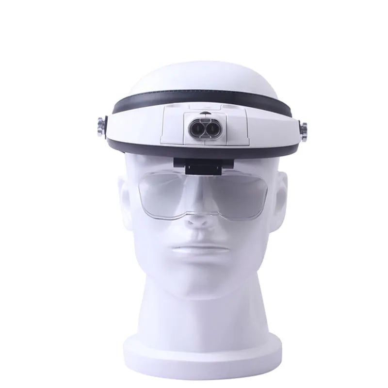 Adjustable LED headband magnifier with five removable acrylic lenses on a white background.