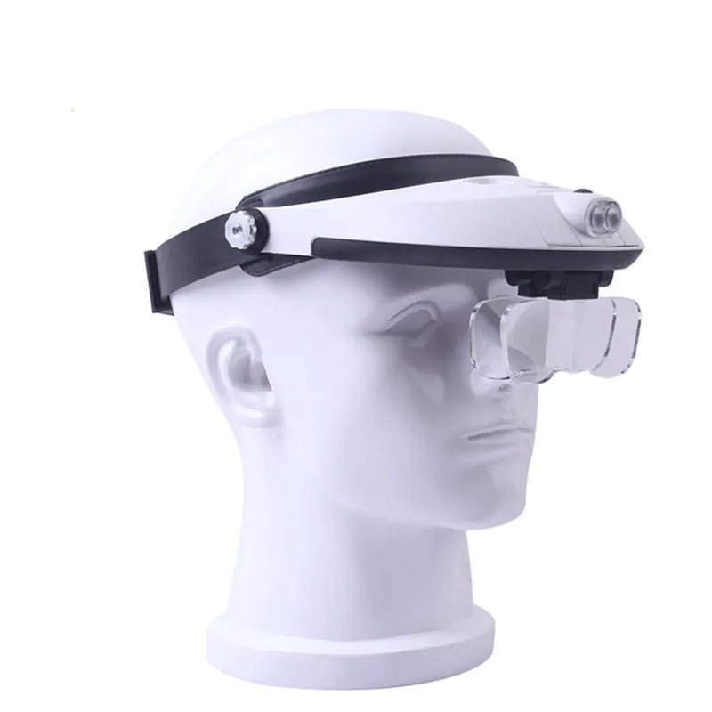 Adjustable LED headband magnifier with five removable acrylic lenses on a white background.