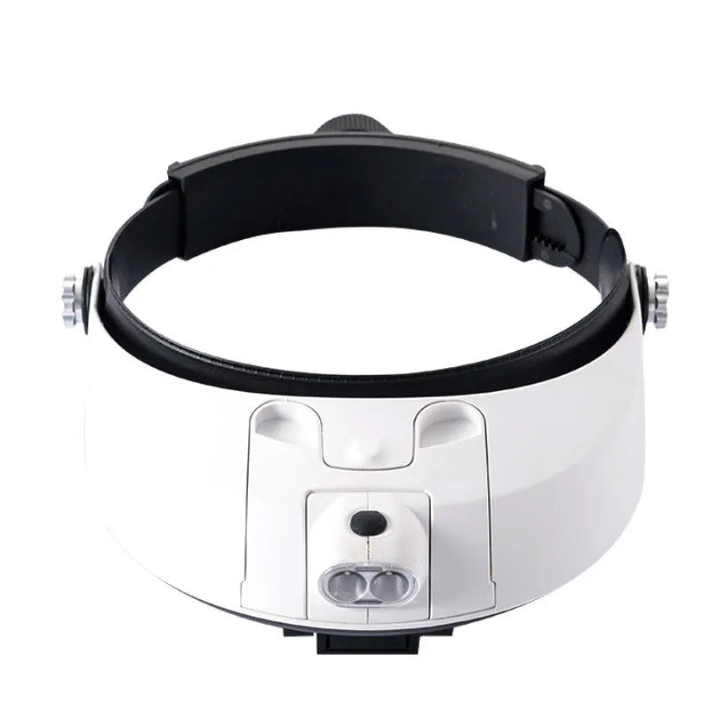 Adjustable LED headband magnifier with five removable acrylic lenses on a white background.