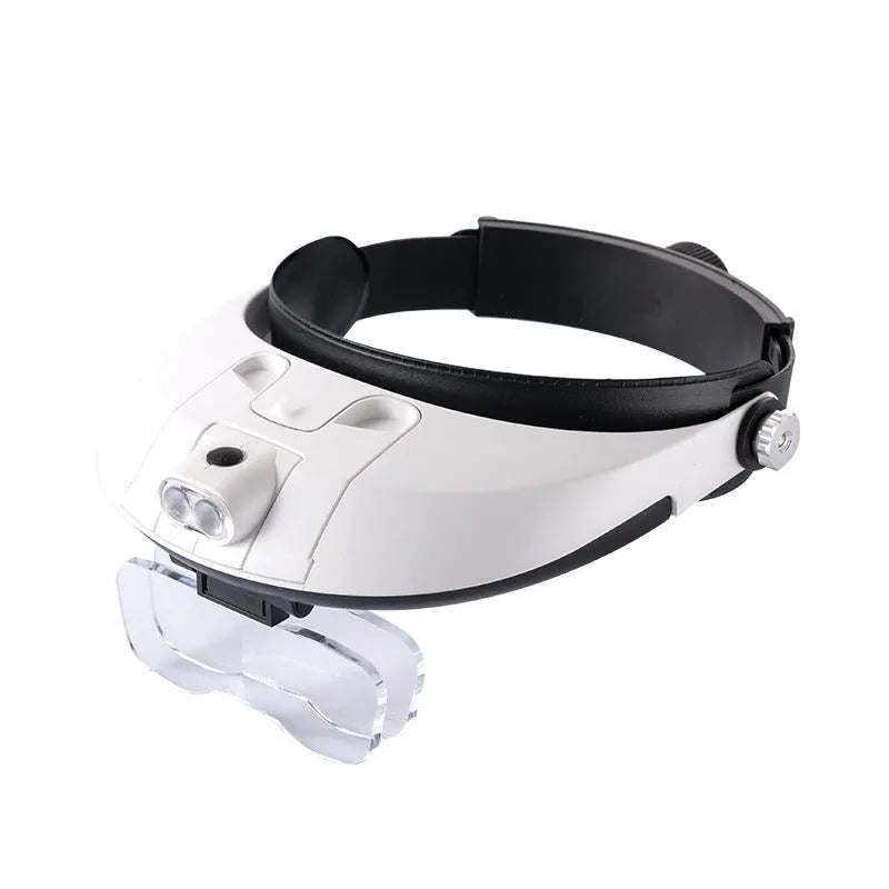 Adjustable LED headband magnifier with five removable acrylic lenses on a white background.