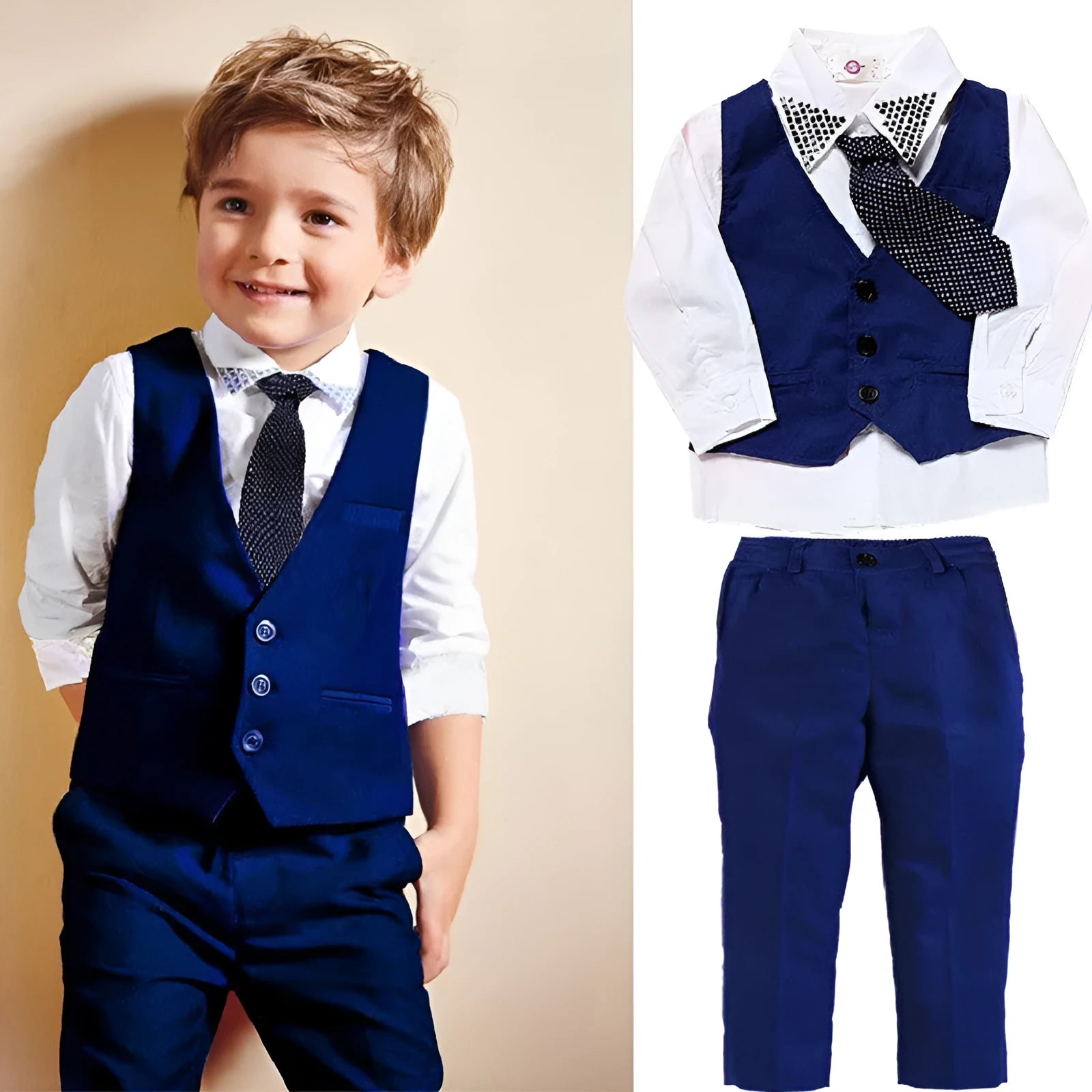 Blue boys' smart clothing set featuring a turtleneck, vest, trousers, and tie on a hanger