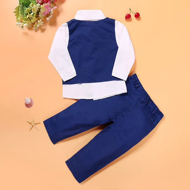 Blue boys' smart clothing set featuring a turtleneck, vest, trousers, and tie on a hanger