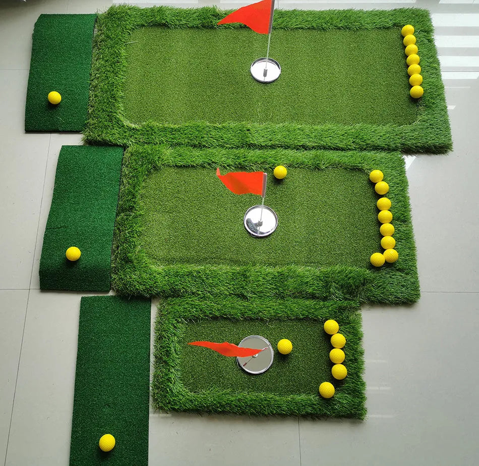 Green golf training mat with PP grass surface on high elastic EVA base for swing practice.