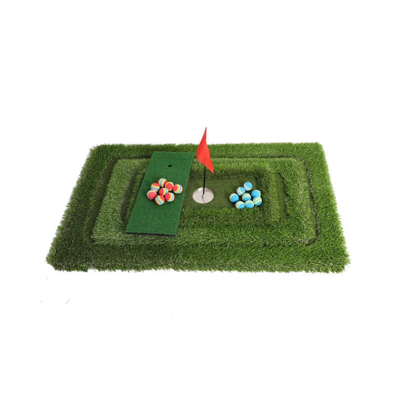 Green golf training mat with PP grass surface on high elastic EVA base for swing practice.