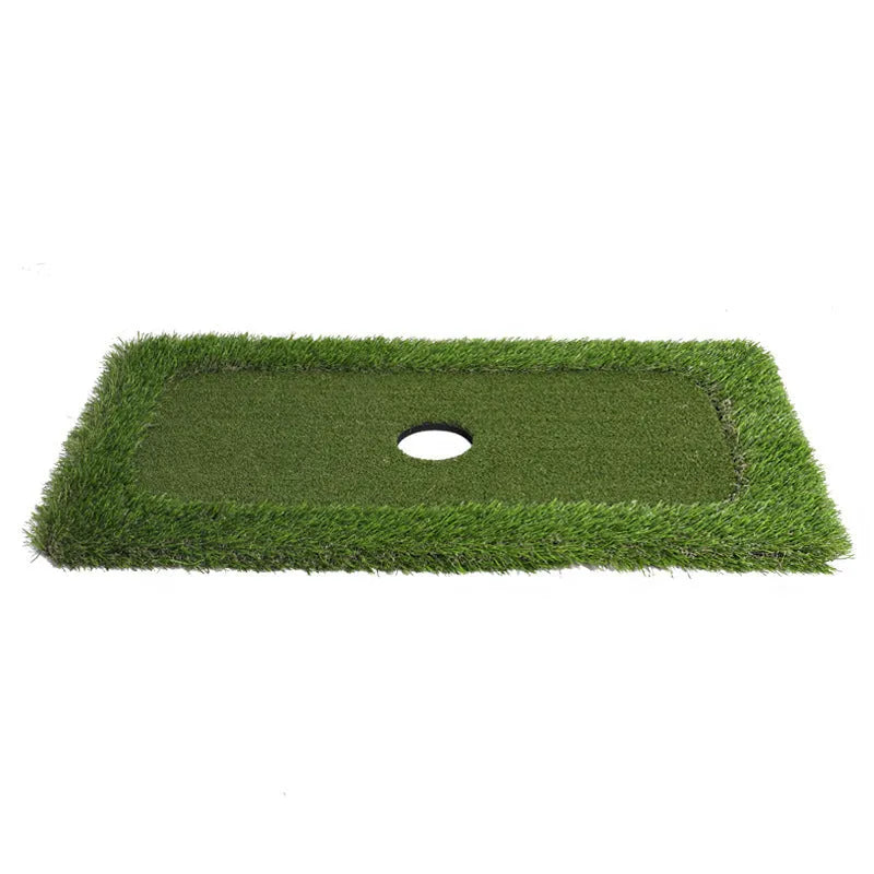 Green golf training mat with PP grass surface on high elastic EVA base for swing practice.