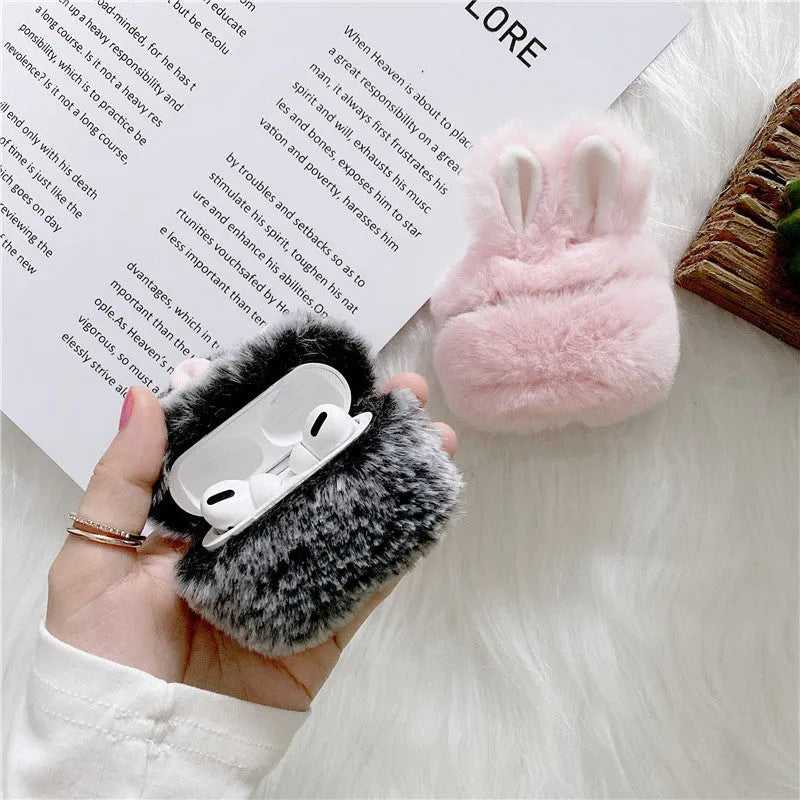 Pink plush silicone AirPods cover with rabbit ears design