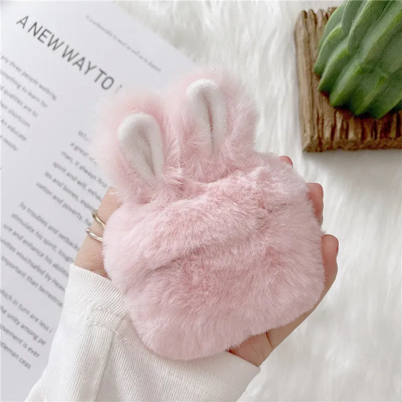 Pink plush silicone AirPods cover with rabbit ears design