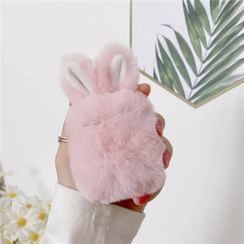 Pink plush silicone AirPods cover with rabbit ears design