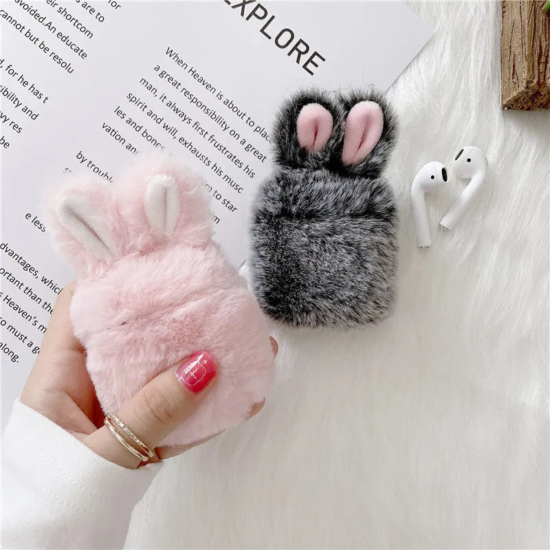 Pink plush silicone AirPods cover with rabbit ears design