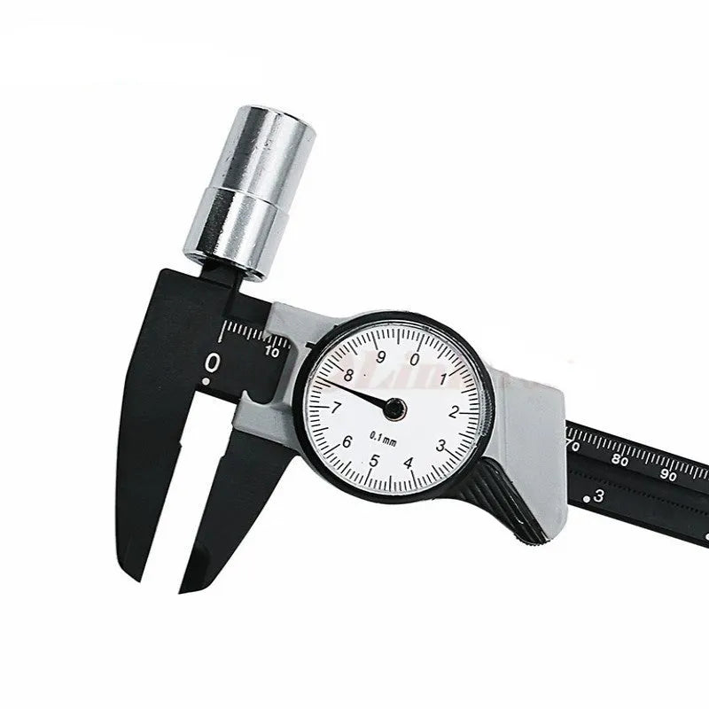 Black and white plastic vernier caliper showing 0-150mm stainless steel scale with 0.1mm graduations.