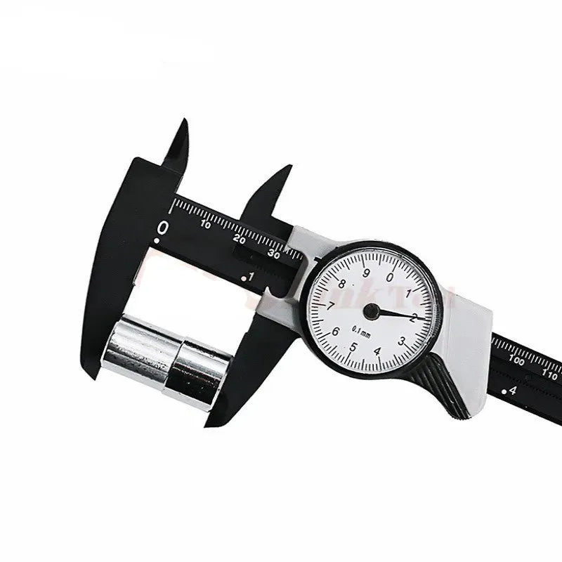 Black and white plastic vernier caliper showing 0-150mm stainless steel scale with 0.1mm graduations.