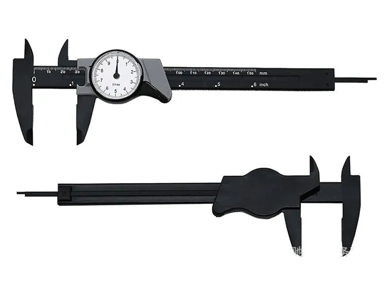 Black and white plastic vernier caliper showing 0-150mm stainless steel scale with 0.1mm graduations.