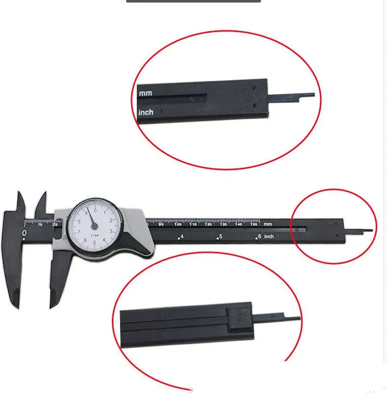 Black and white plastic vernier caliper showing 0-150mm stainless steel scale with 0.1mm graduations.