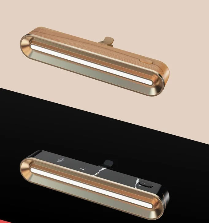 Car air outlet aroma diffuser vent clip with LED atmosphere lamp and ocean fragrance tablet, shown in Apricot Wood Grain option