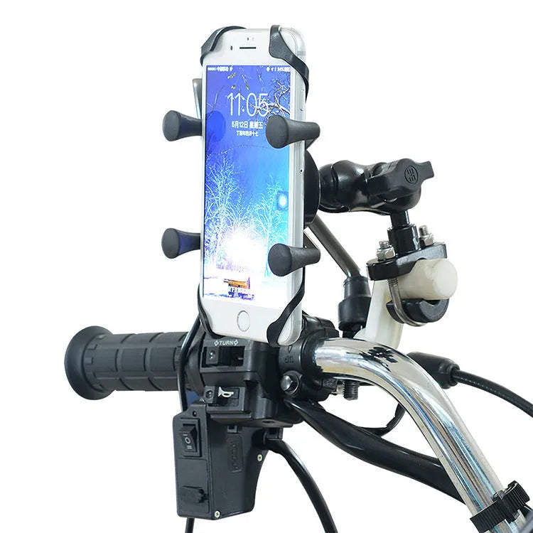 Black aluminium alloy motorcycle phone mounting bracket installed on handlebars holding smartphone