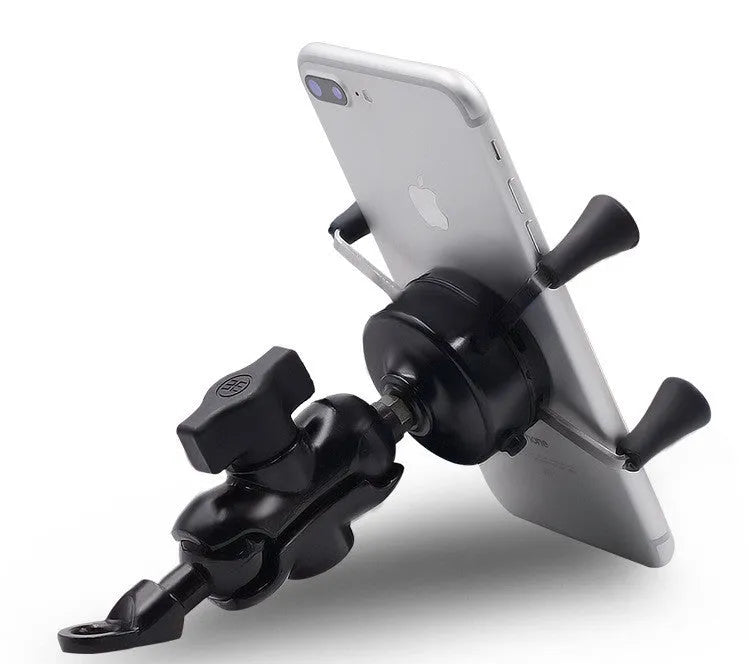 Black aluminium alloy motorcycle phone mounting bracket installed on handlebars holding smartphone