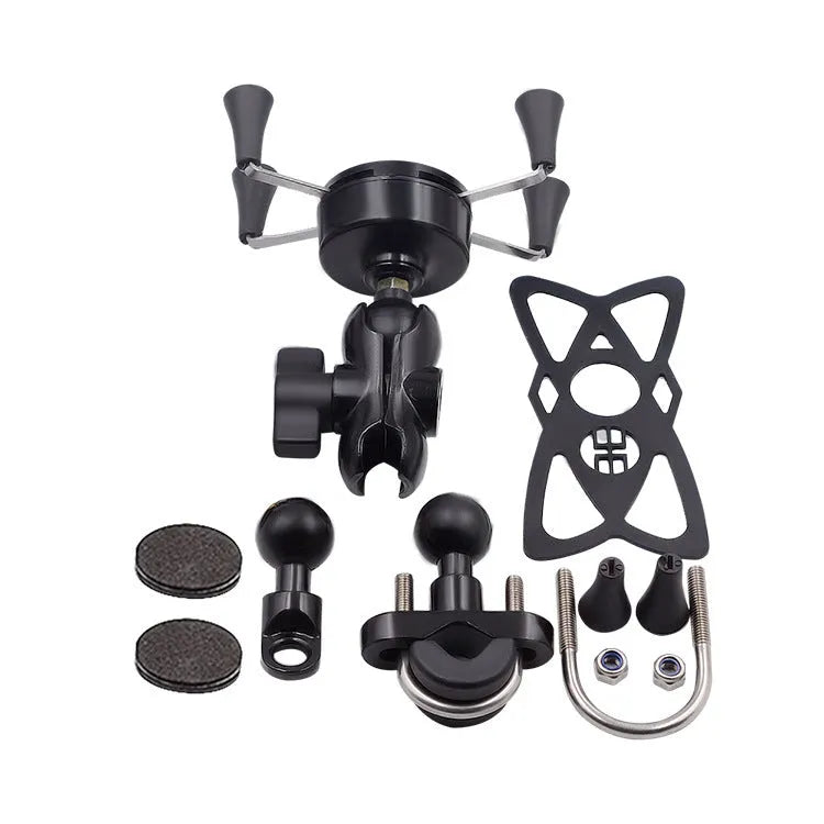 Black aluminium alloy motorcycle phone mounting bracket installed on handlebars holding smartphone