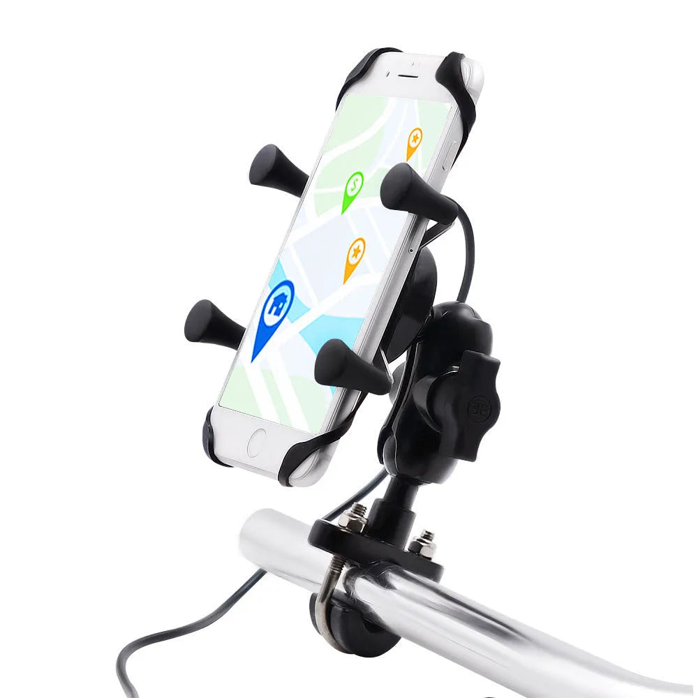 Black aluminium alloy motorcycle phone mounting bracket installed on handlebars holding smartphone