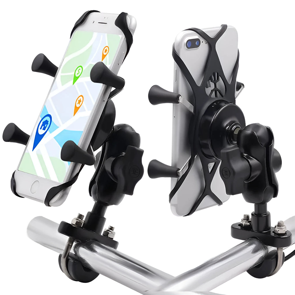 Black aluminium alloy motorcycle phone mounting bracket installed on handlebars holding smartphone