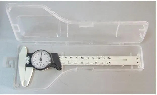 Black and white plastic vernier caliper showing 0-150mm stainless steel scale with 0.1mm graduations.