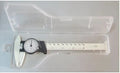 Black and white plastic vernier caliper showing 0-150mm stainless steel scale with 0.1mm graduations.