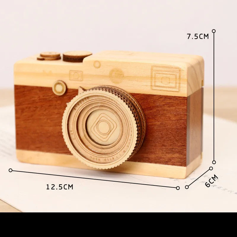 Wooden rotating camera music box in pine wood with carton packaging