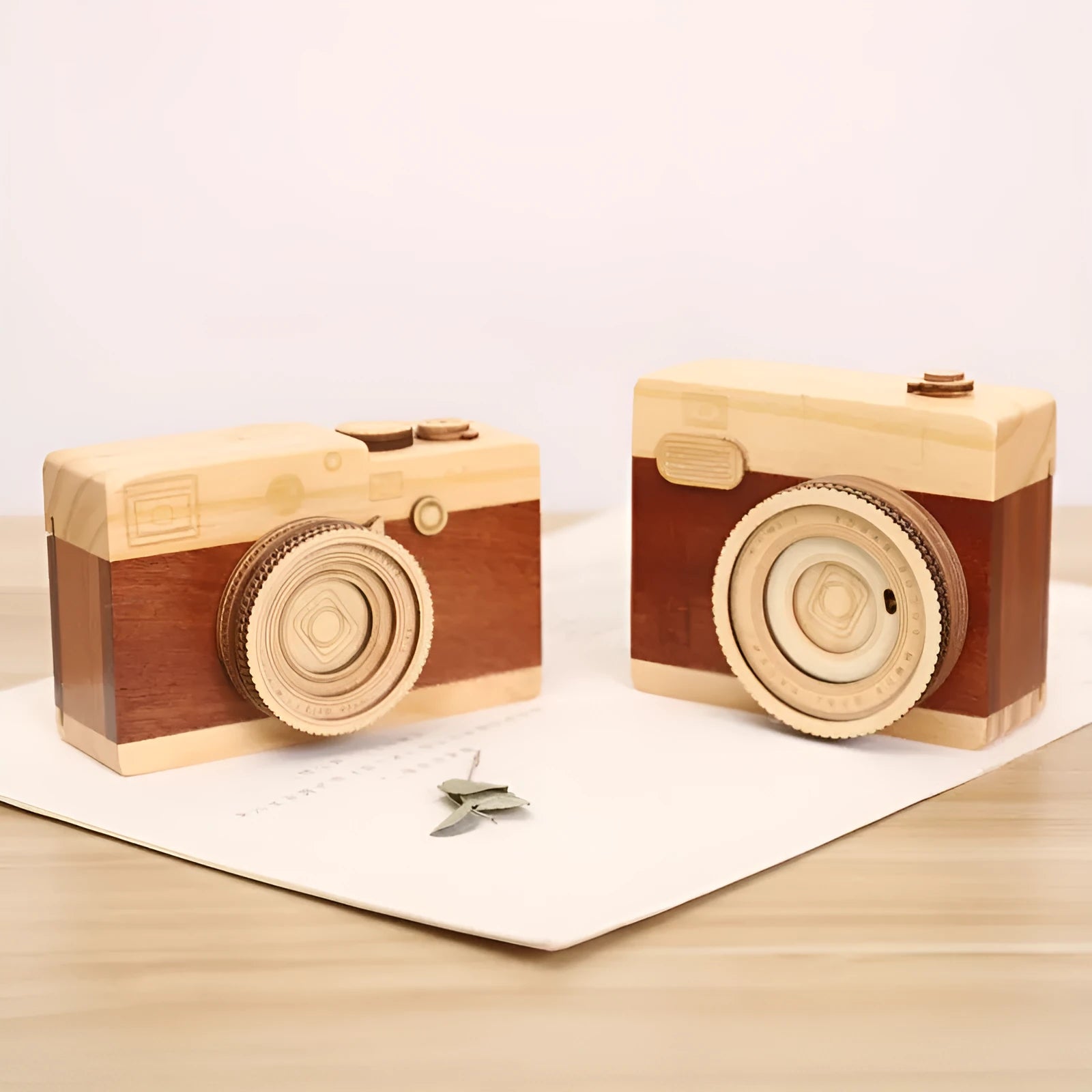 Wooden rotating camera music box in pine wood with carton packaging