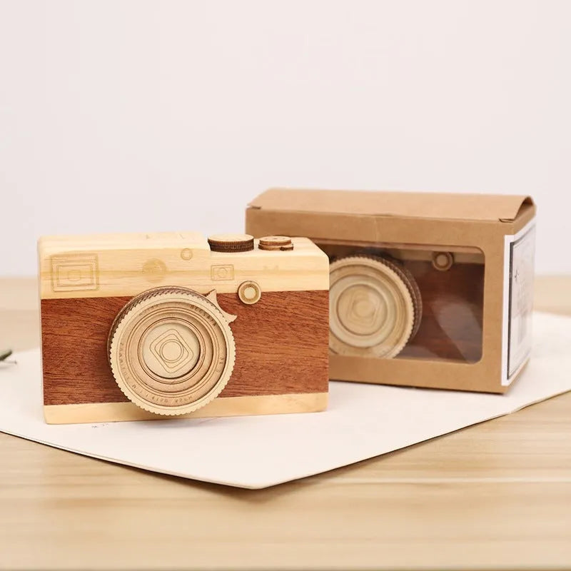 Wooden rotating camera music box in pine wood with carton packaging