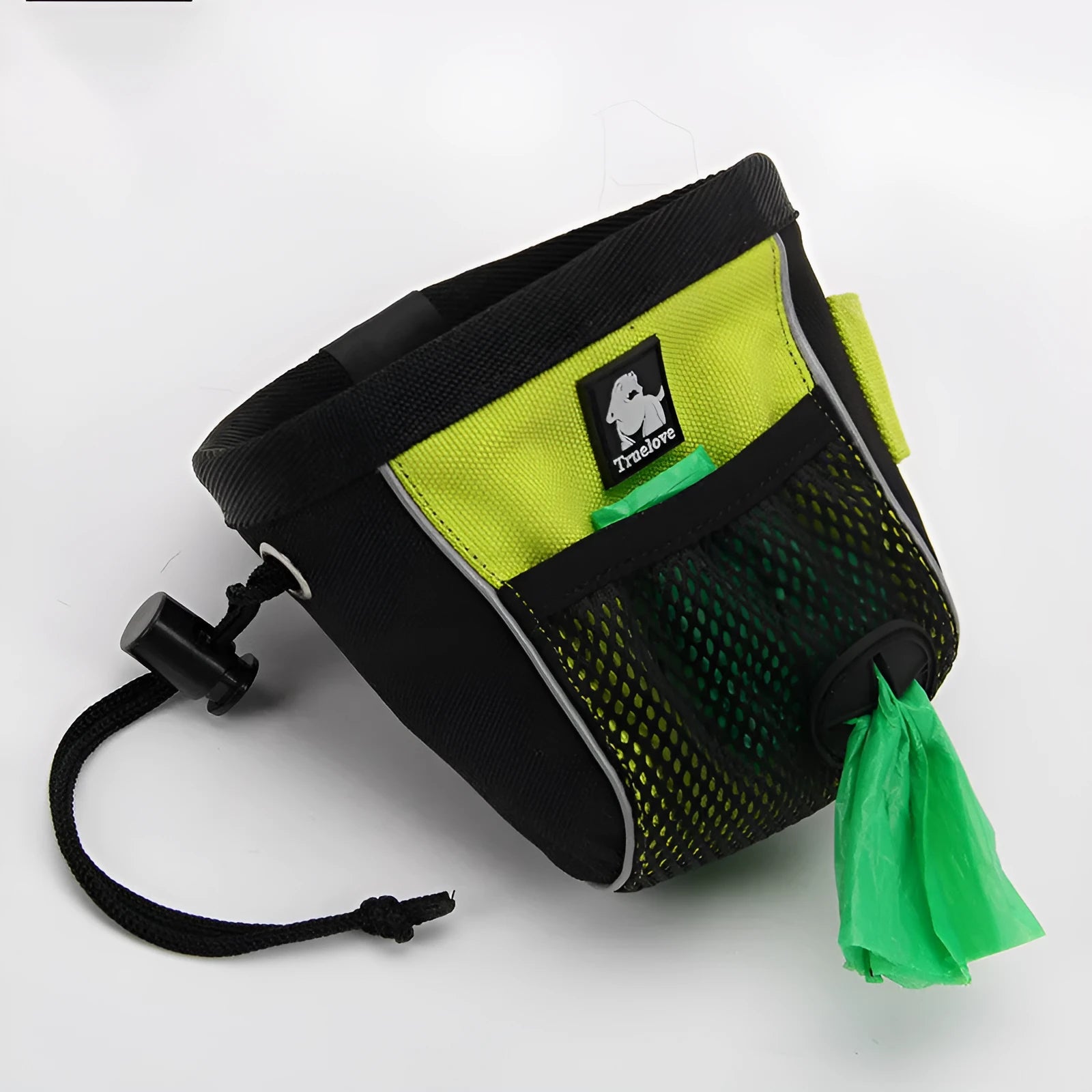 Dog training waist bag in green with adjustable strap and removable waste bag compartment