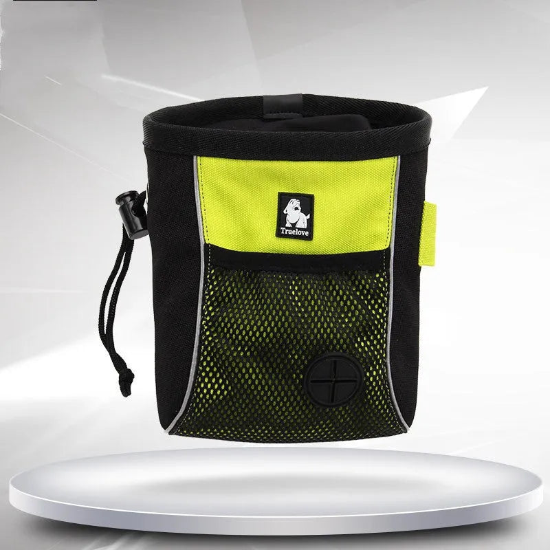 Dog training waist bag in green with adjustable strap and removable waste bag compartment